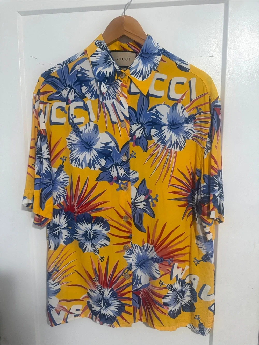 Gucci Yellow Hawaiian Floral Button-Down Shirt with Blue & Red Accents